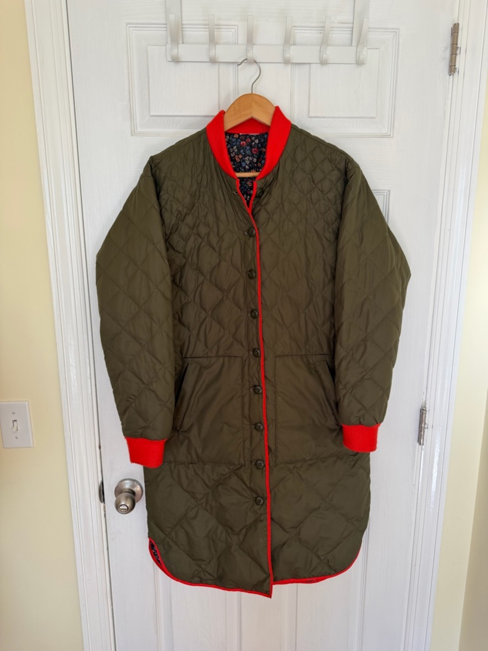 The Great. Reversible Quilted Olive Green Long Coat with Red Trim